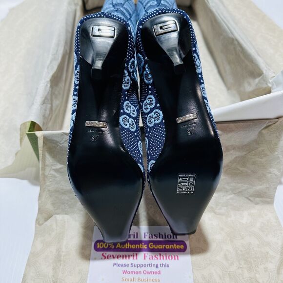 Gucci Knee High Boots 37/ US 7 GG Supreme Blue Knit Socks Pull On NIB - Picture 7 of 13